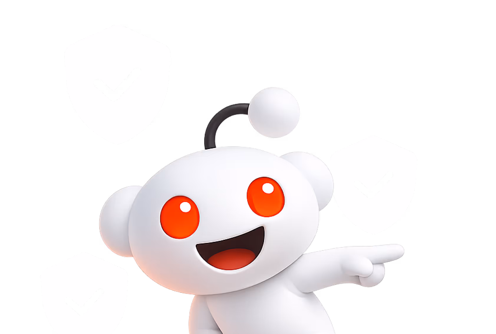 Reddit mascot smiling and pointing surrounded by three shield icons with check marks.