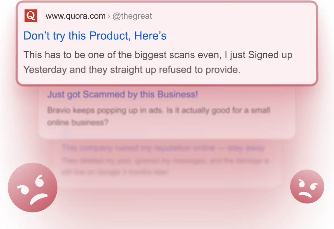 Screenshot of a Quora post with a headline warning 'Don’t try this Product, Here’s' and a comment about being scammed, over a red background with two angry face emojis on the bottom corners.