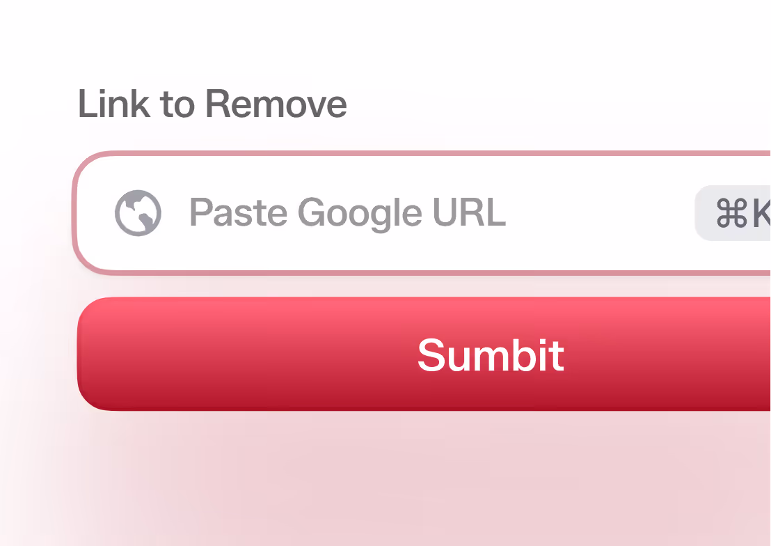 Input field labeled 'Link to Remove' with placeholder text 'Paste Google URL' and a large red button below labeled 'Sumbit'.