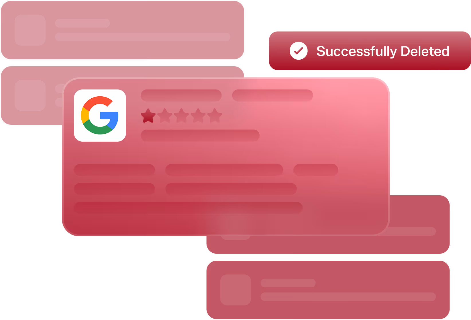 Interface showing a Google review card with a one-star rating and a confirmation message indicating successful deletion.