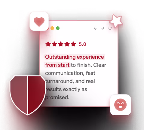 Browser window displaying a 5-star rating with a score of 5.0 and a highlighted review text stating outstanding experience from start to finish, emphasizing clear communication and fast turnaround.
