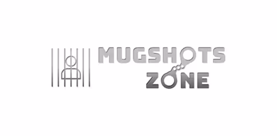 Logo with a stylized person behind bars and the words 'MUGSHOTS ZONE' with the O in 'ZONE' depicted as handcuffs.