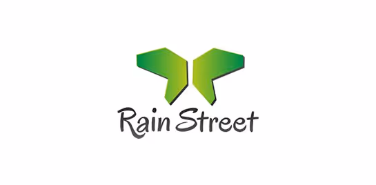 Green stylized butterfly logo above the words Rain Street in black script font.