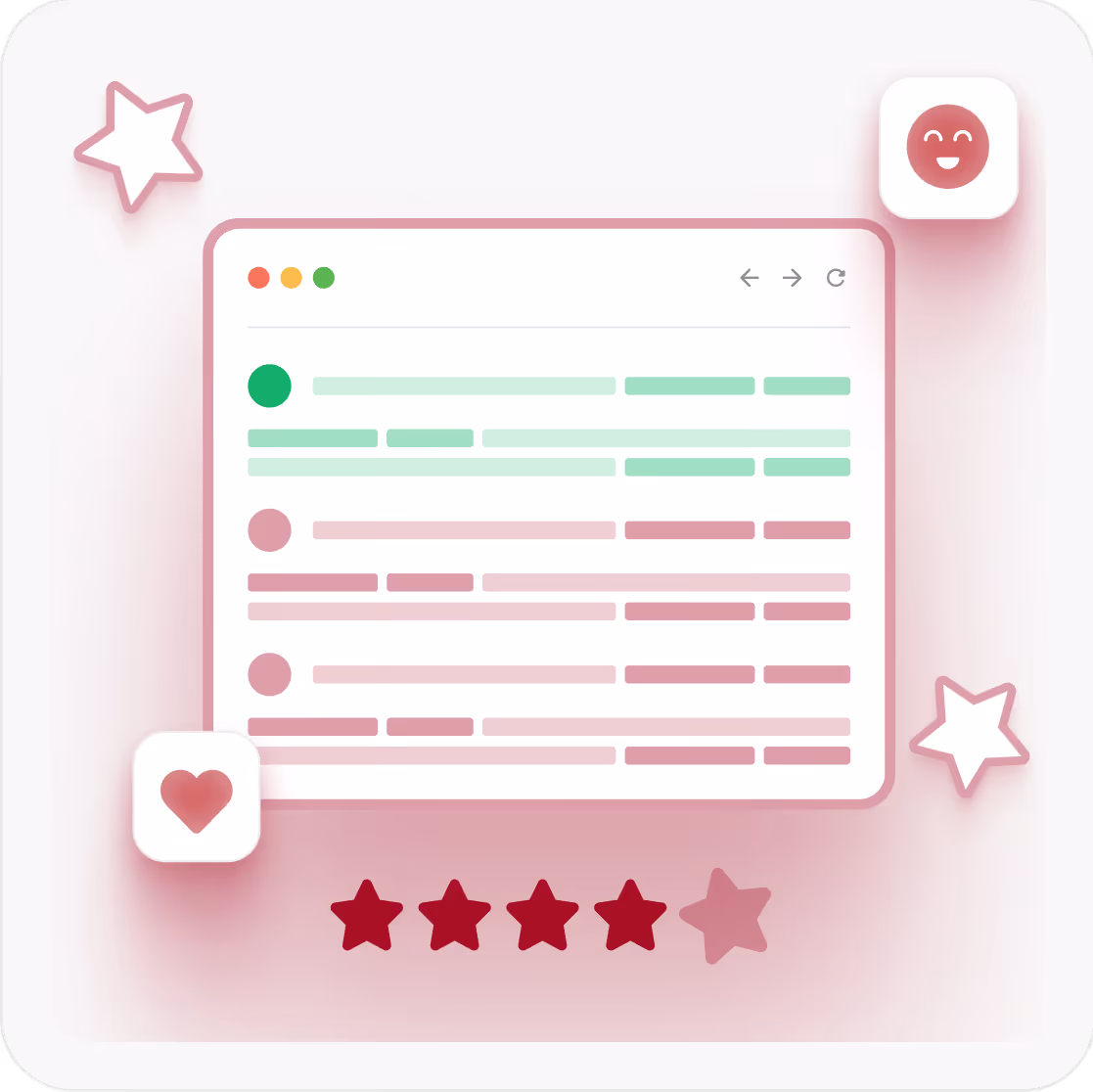 Illustration of a web browser window showing colored text lines, surrounded by star icons, a heart icon, a smiling face icon, and a four-star rating below.