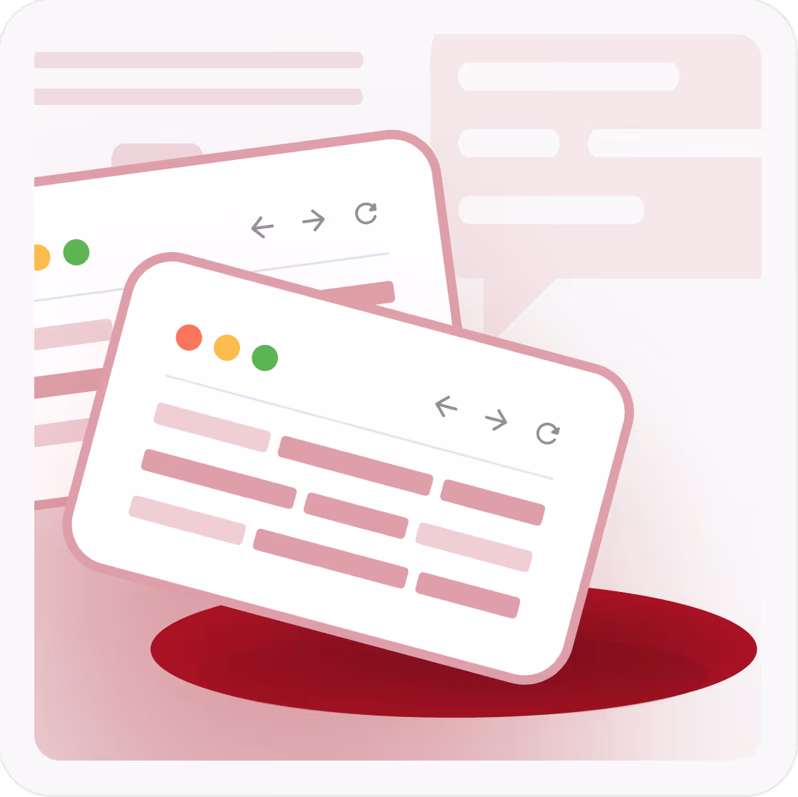 Illustration of two overlapping web browser windows with navigation icons and text lines.