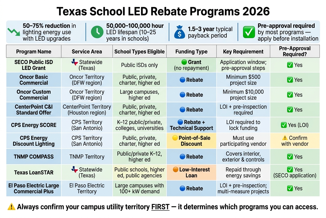 Texas School LED Rebate Programs 2026: Side-by-Side Comparison