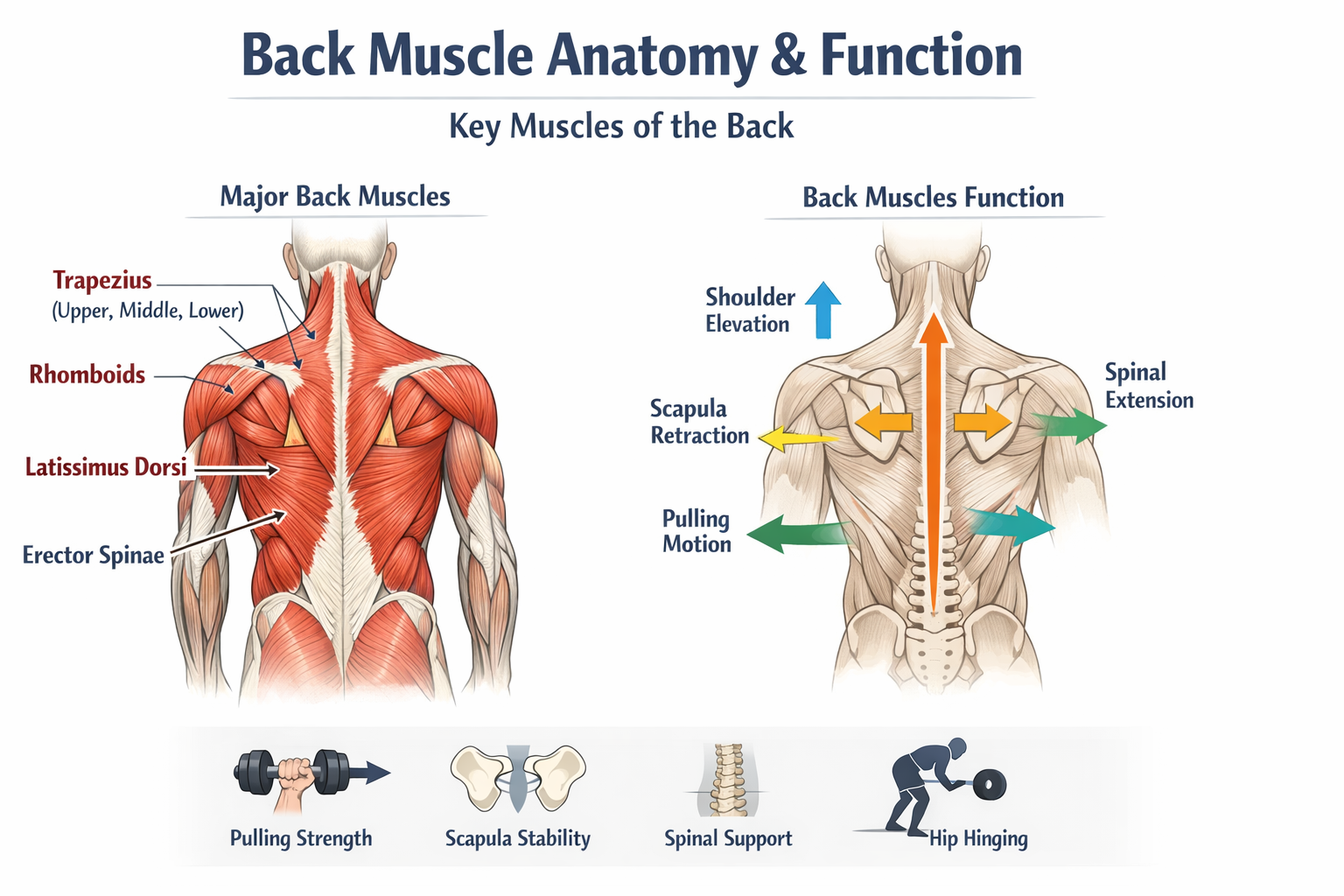 A picture showing the key muscles of the back and their functions