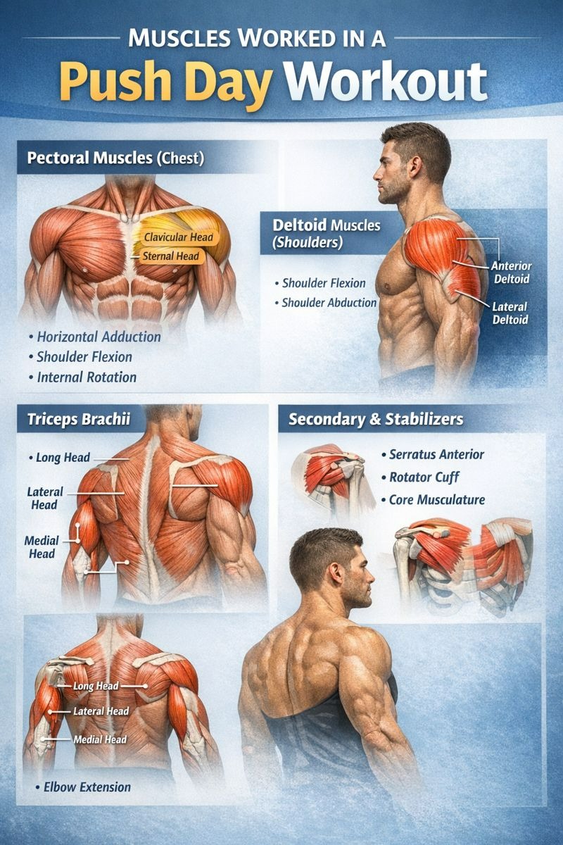 Muscle groups impacted during a push day workout