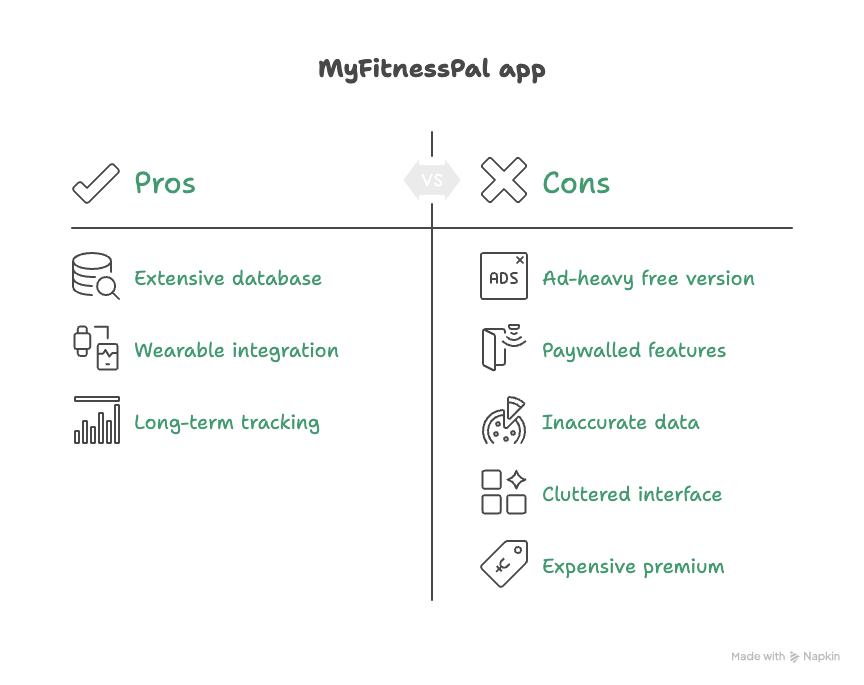 A picture comparing the pros and cons of MyfitnessPal app
