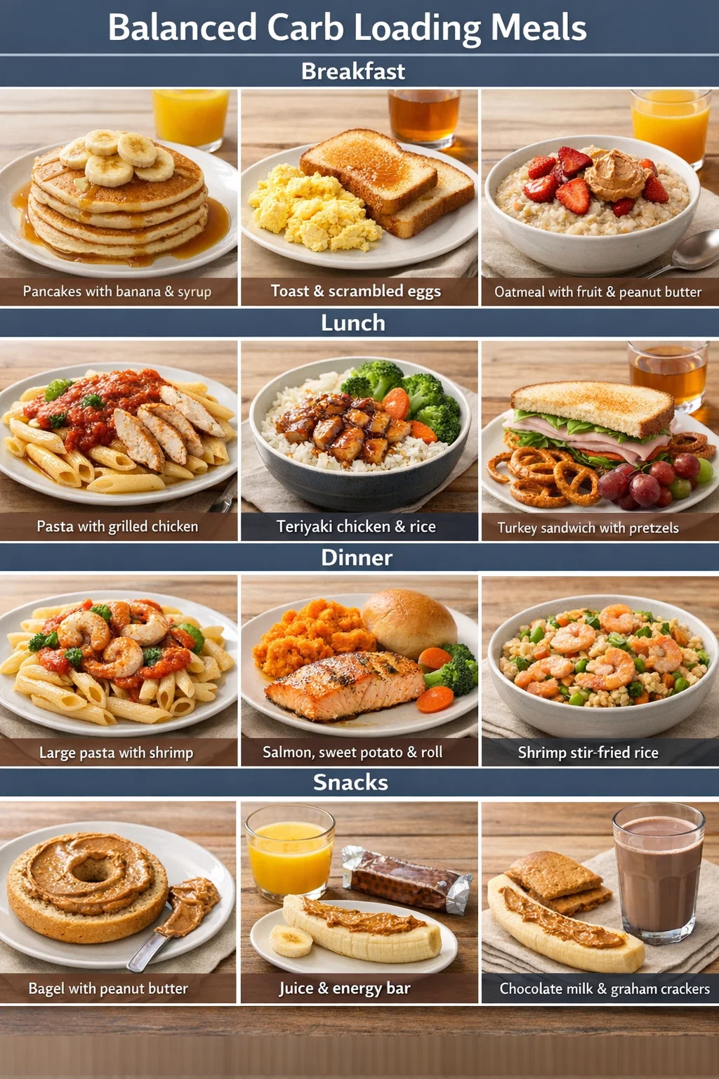 A picture showing balanced carb loading meals athletes can have before race day