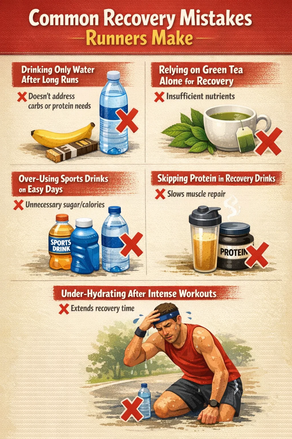 An infographic showing the common recovery mistakes runners make