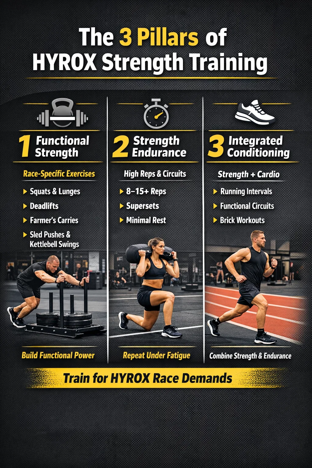 An infographic showing the 3 pillars of HYROX strength training