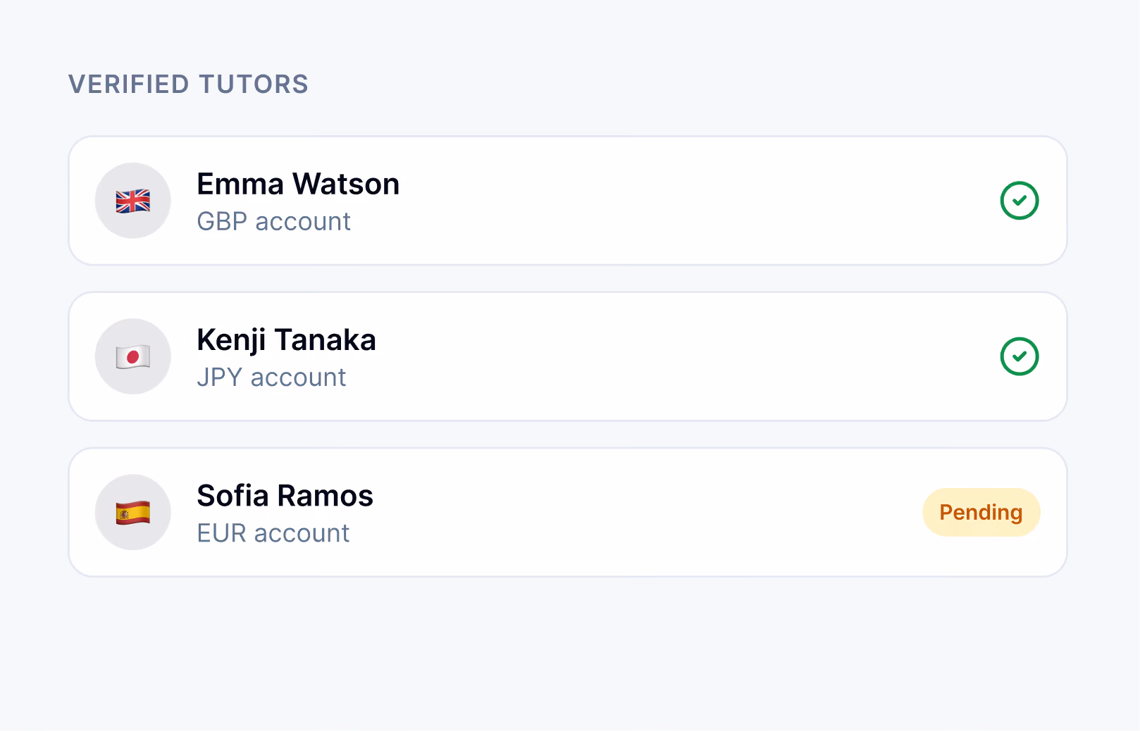 List of verified tutors Emma Watson GBP, Kenji Tanaka JPY with check marks, Sofia Ramos EUR pending.