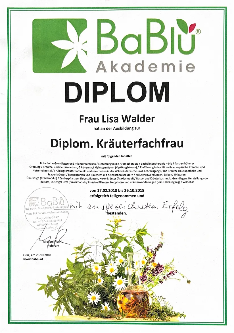 Diplom der BaBlù Akademie für Frau Lisa Walder als Diplomierte Kräuterfachfrau mit botanischen und aromatherapeutischen Inhalten, unterschrieben und mit Kräuterabbildungen.