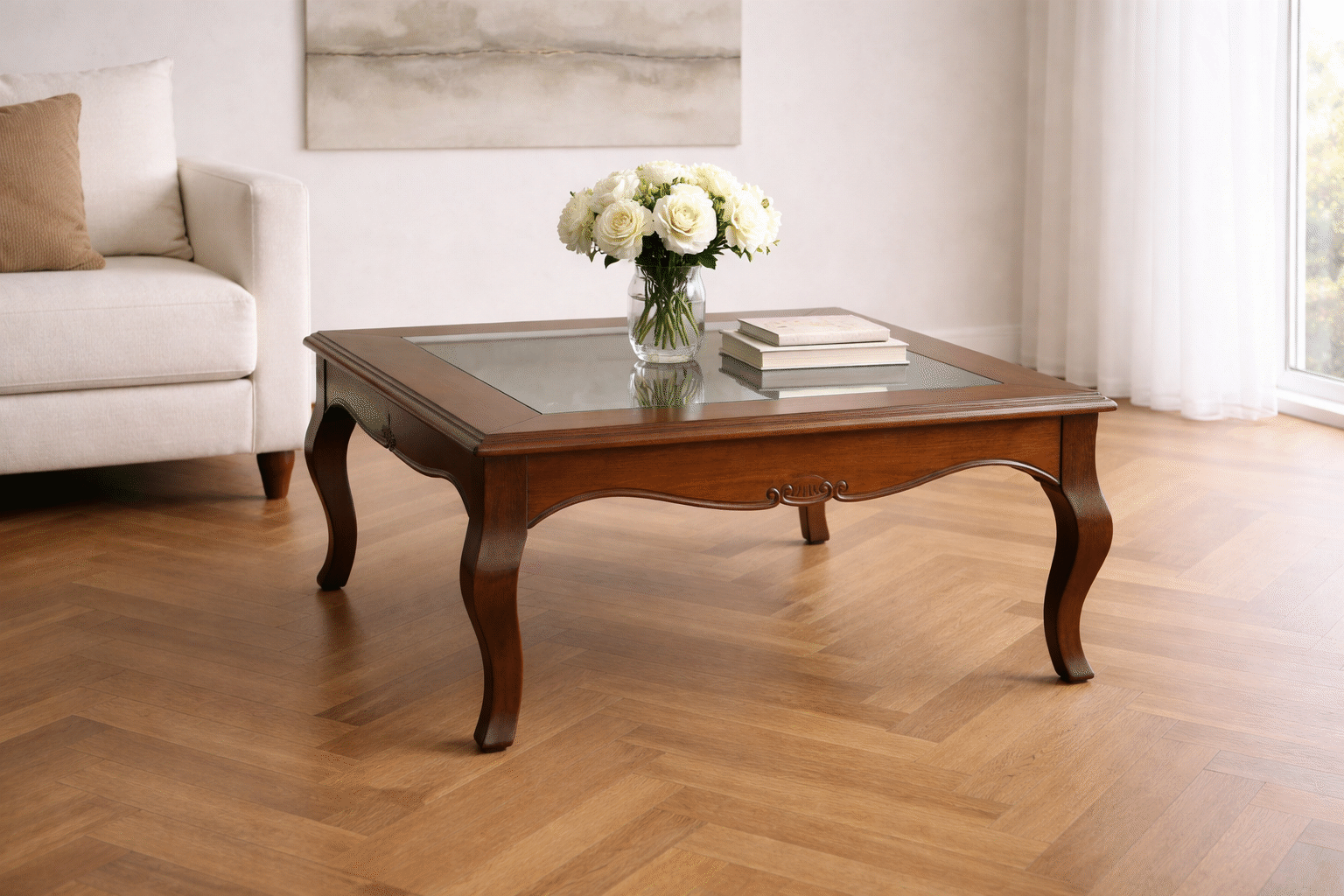A low, wooden, elegant coffee table with glass top
