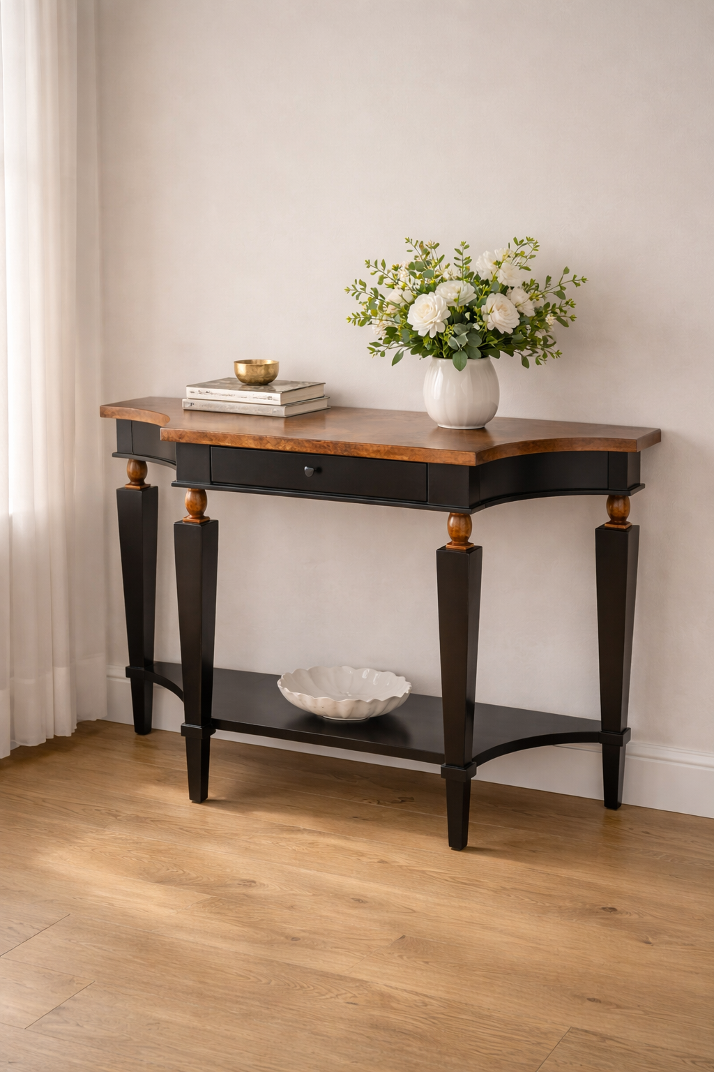 Wooden, elegant side table with flowers on top