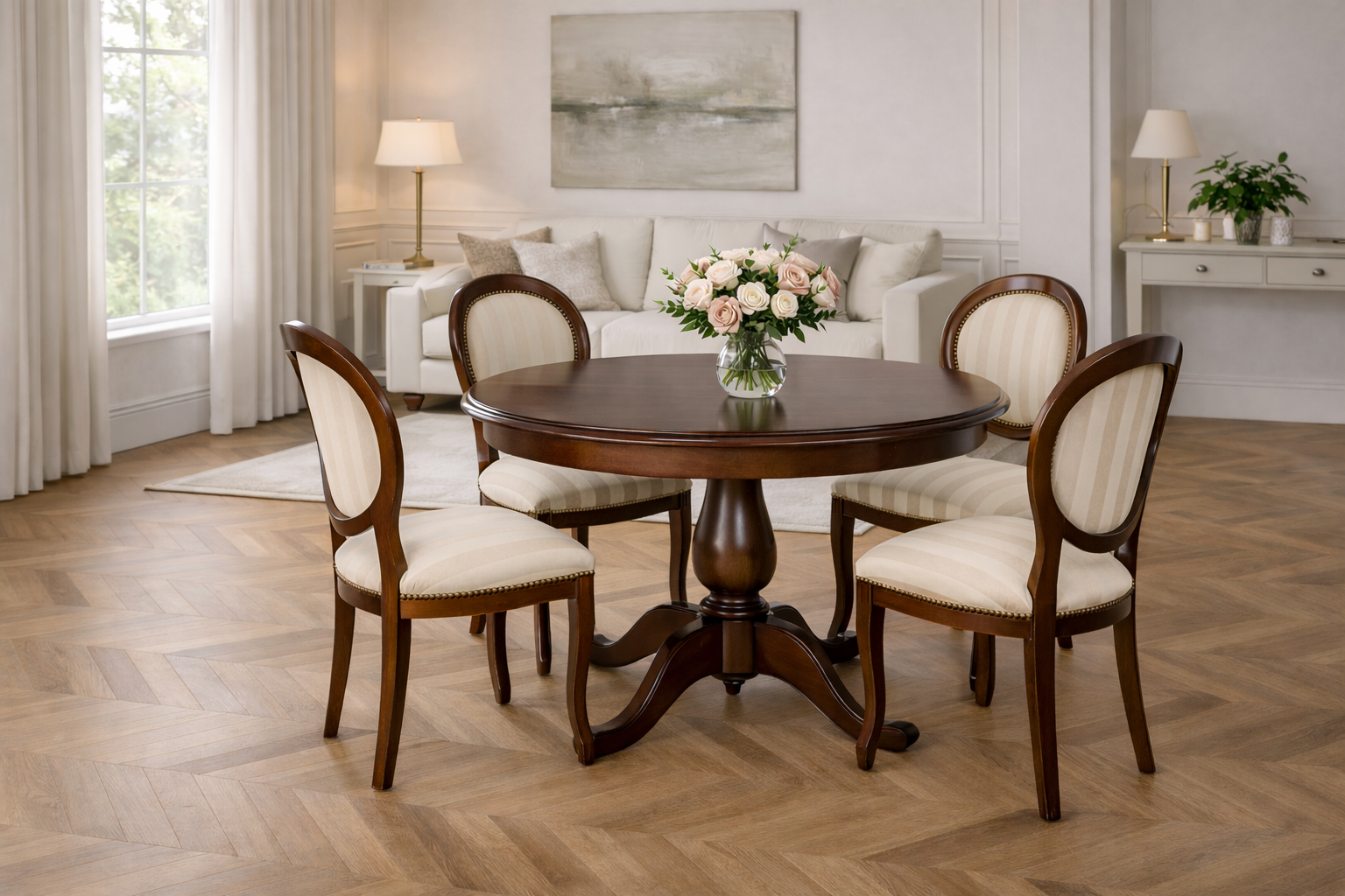 A picture of a wooden table with set of our chairs in a classic, elegant style
