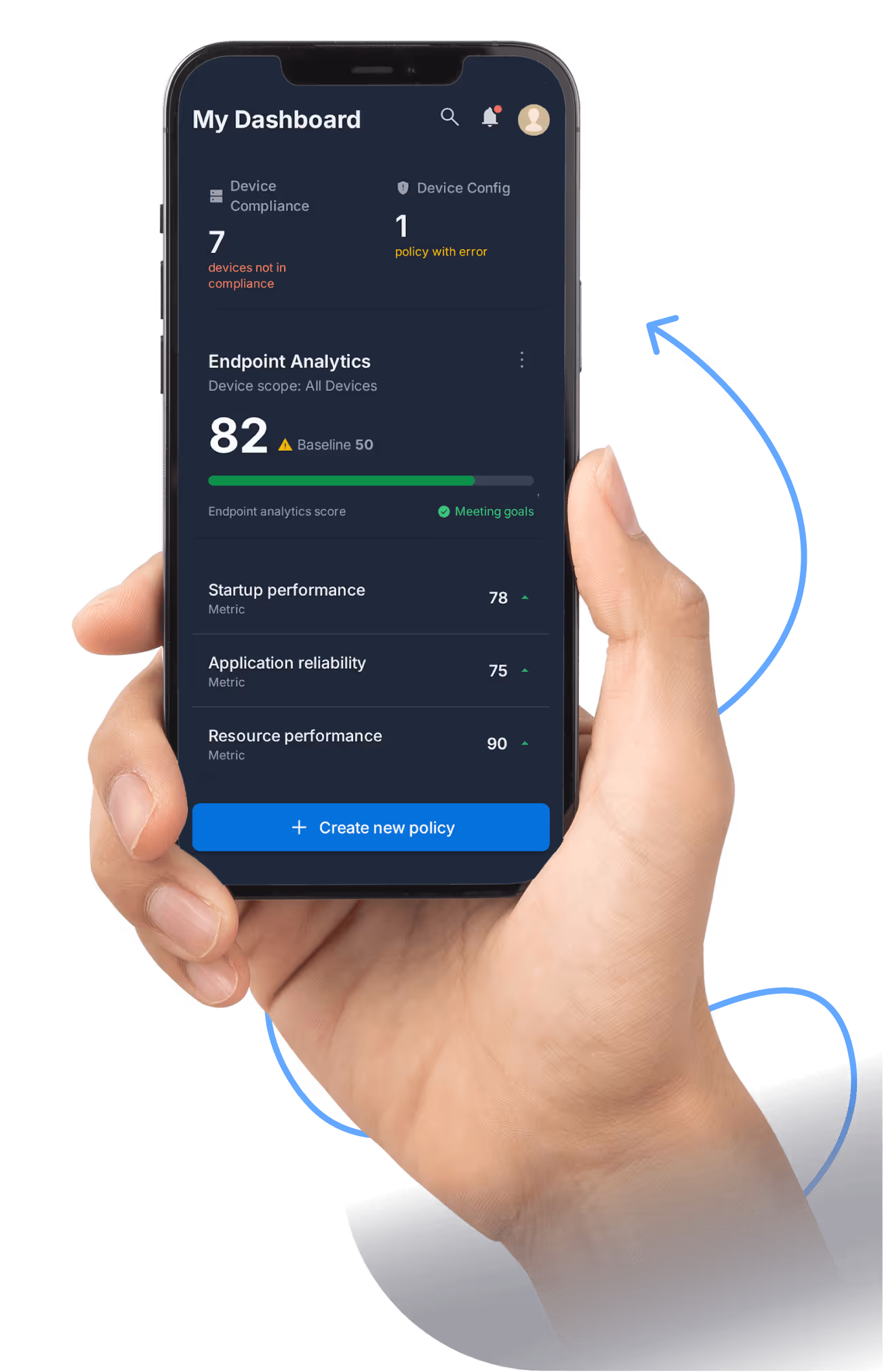 Hand hält Smartphone mit geöffnetem Dashboard für Endpoint Analytics, zeigt Performance-Werte und Compliance-Status.