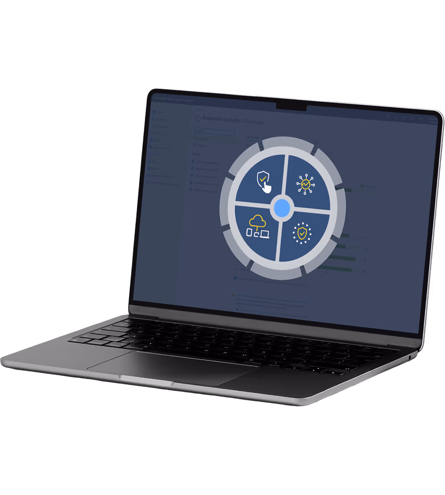 Laptop mit offener Webseite zeigt Kreissymbol mit Cloud- und Datenschutz-Icons auf dunkelgrauem Hintergrund.