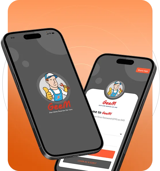 Two smartphones displaying the GeeM app with a cartoon repairman logo giving a thumbs-up on an orange background.