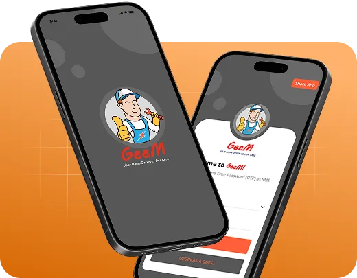 Two smartphones displaying the GeeM app login screen against an orange background, featuring a cartoon handyman logo and sign-in options.