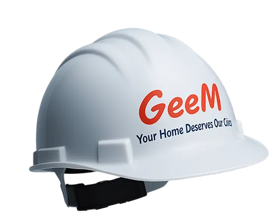 White construction helmet with red text 'GeeM' and smaller text 'Your Home Deserves Our Care'.