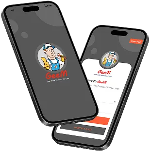 Two smartphones displaying the GeeM app with a cartoon handyman holding a wrench and the text 'GeeM, Your Home Services On Call'.