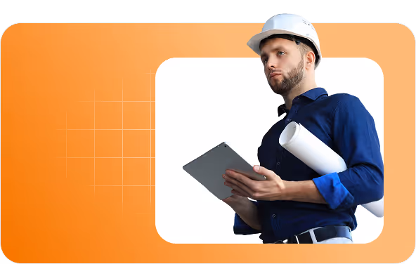 Man wearing a white construction helmet and blue shirt holding a tablet and rolled-up blueprint on an orange background.