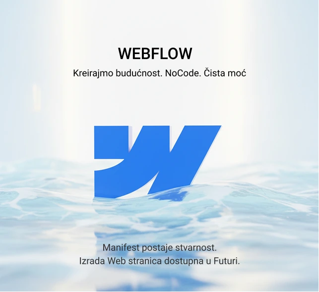 Blue Webflow logo floating on water with text in Serbian promoting NoCode web design and accessibility.