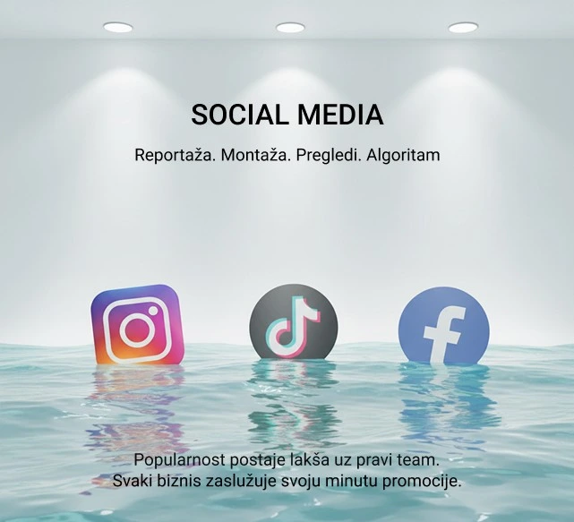 Illustration of Instagram, TikTok, and Facebook icons partially submerged in water with text about social media promotion in Croatian.