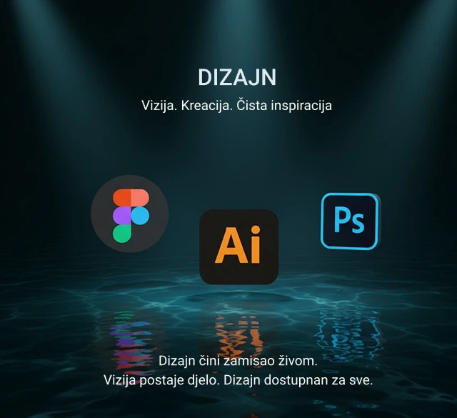Dark underwater scene with logos of design software Figma, Adobe Illustrator, and Adobe Photoshop, accompanied by text about design vision, creativity, and inspiration in Serbian.