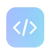 Icon with white code brackets inside a rounded square blue gradient background.