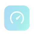 White speedometer icon on a rounded blue square background.