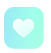 White heart icon centered on a rounded square background with a gradient from light blue to light green.