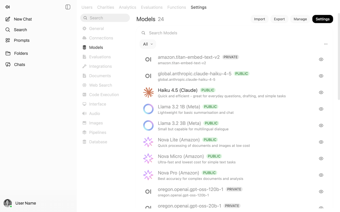 Screenshot of Worthwhile Teams user interface for admins, showing models available for selection.