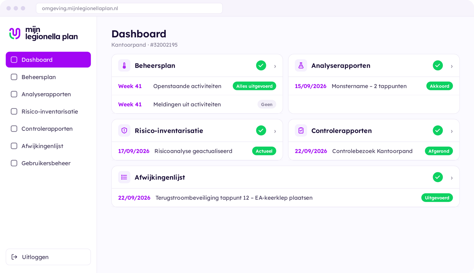Dashboard van Mijn Legionella Plan met beheersplan, analyserapporten, risico-inventarisatie, controlerapporten en afwijkingenlijst