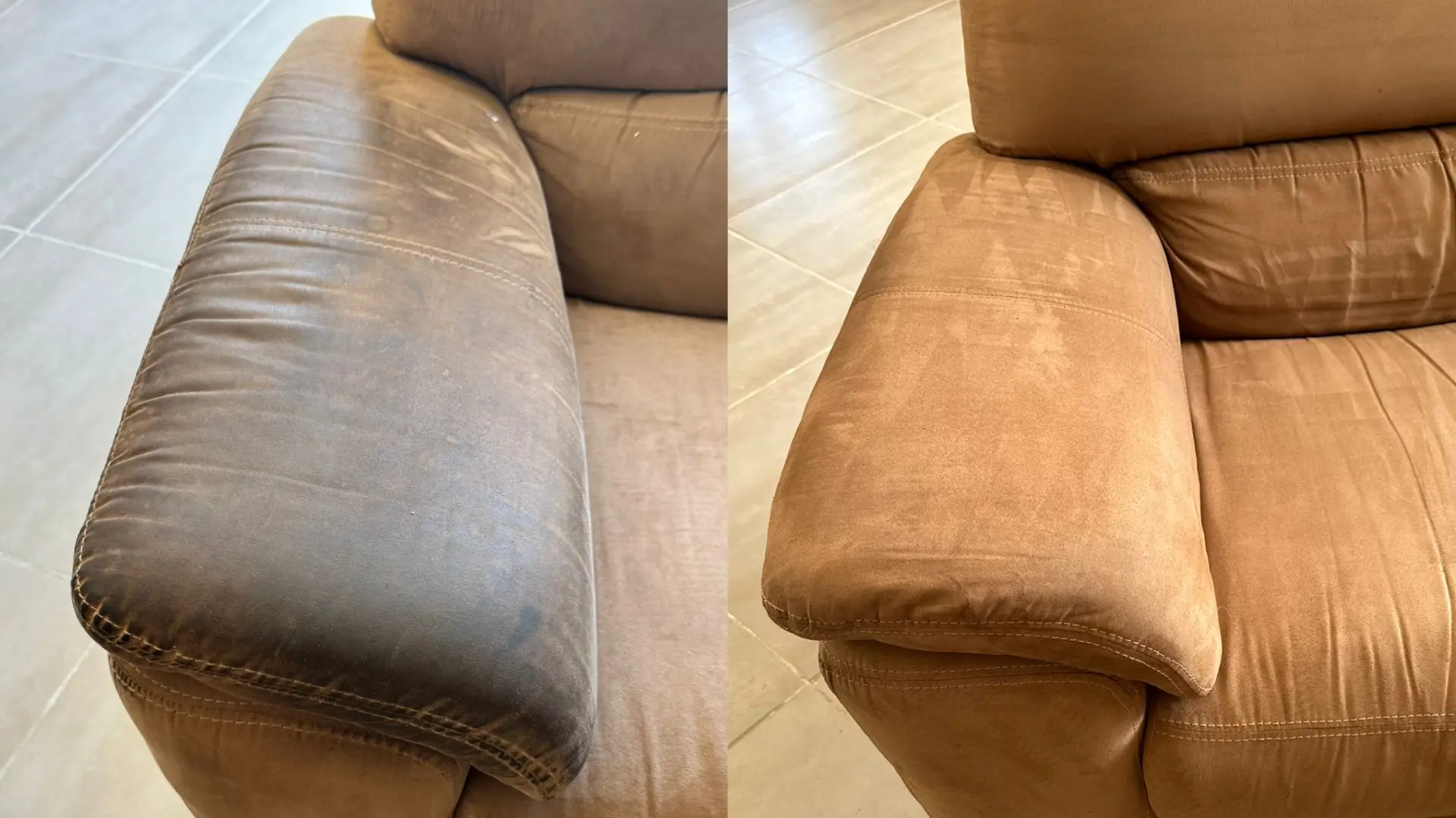 Avant/après nettoyage d’un canapé textile : accoudoir avec accumulation de sébum et poussière puis tissu propre après intervention