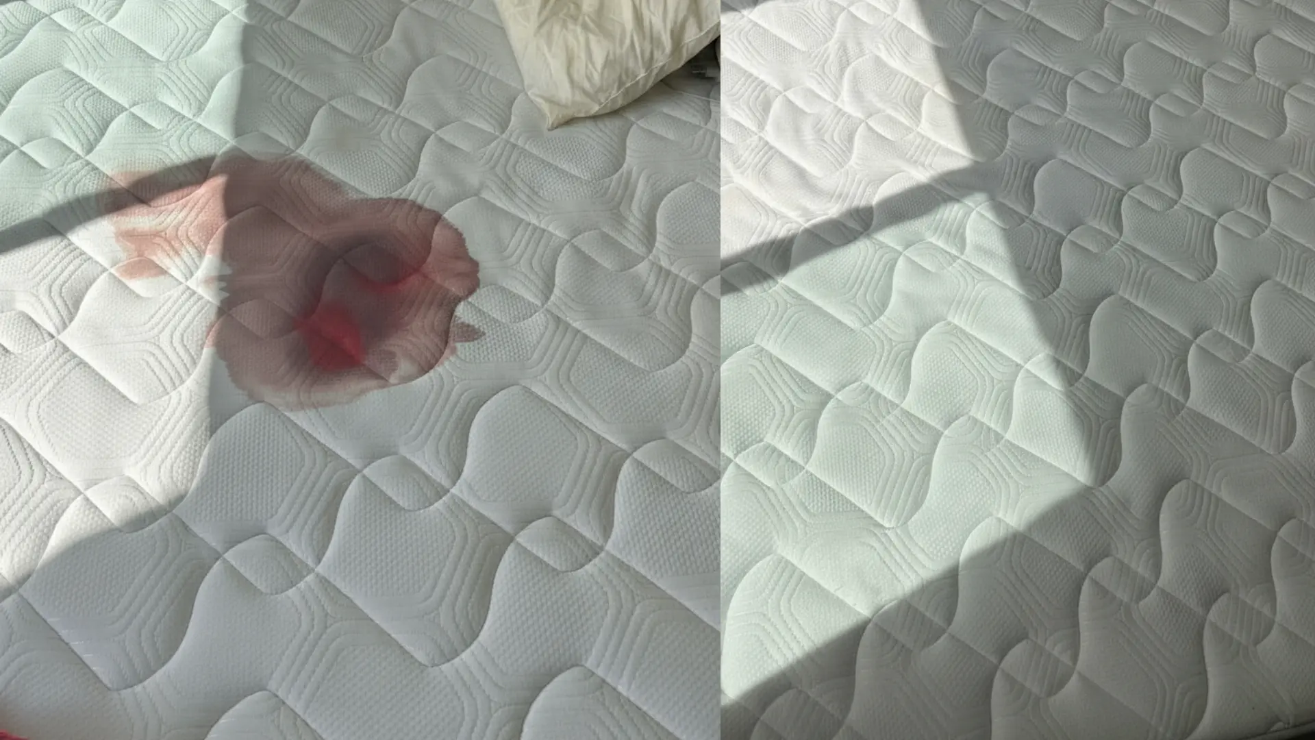 Avant/après nettoyage d’un matelas : matelas tâché de sang puis matelas propre