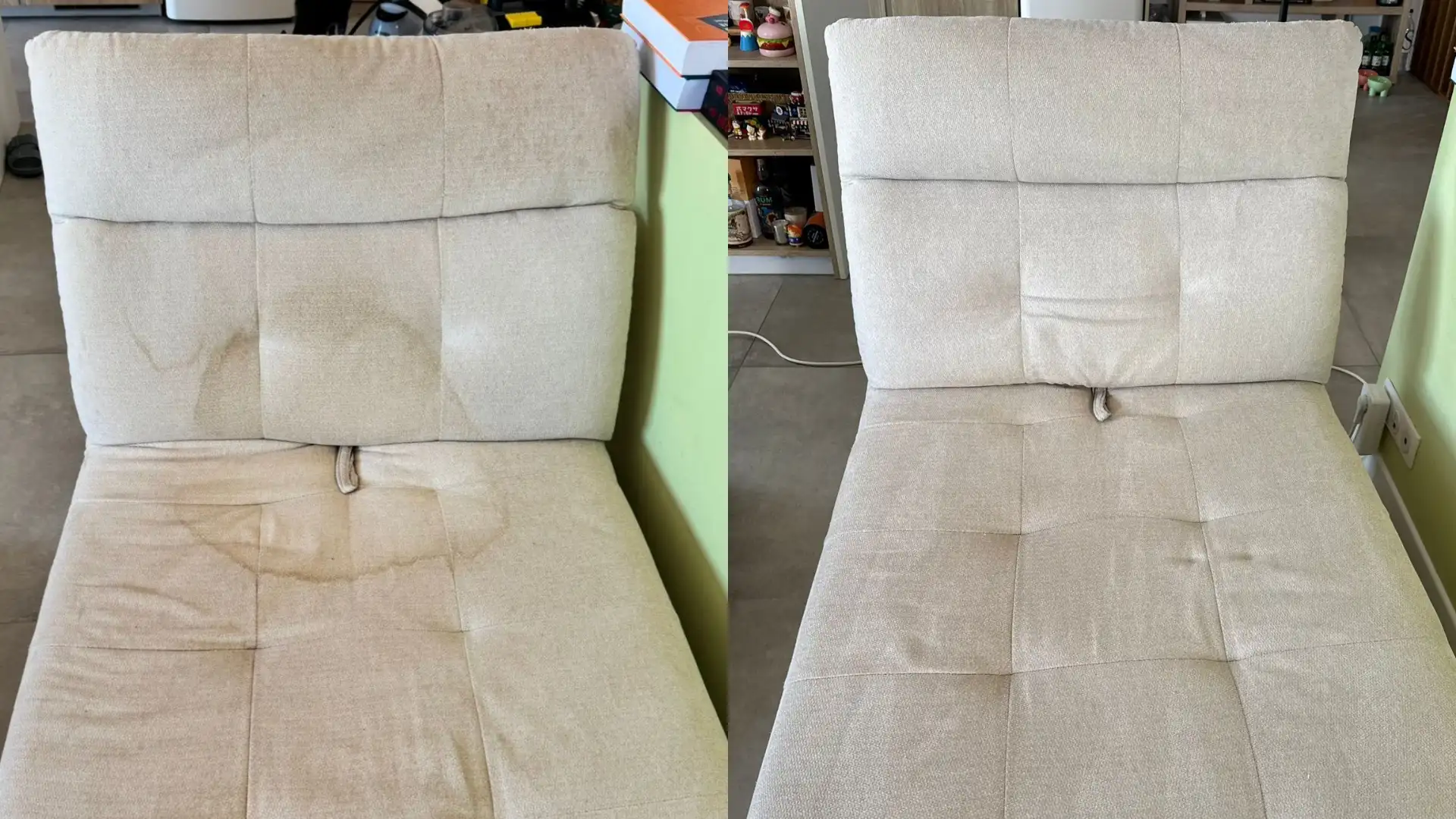 Avant/après nettoyage d’un canapé-lit : assise avec oréole puis tissu propre après intervention