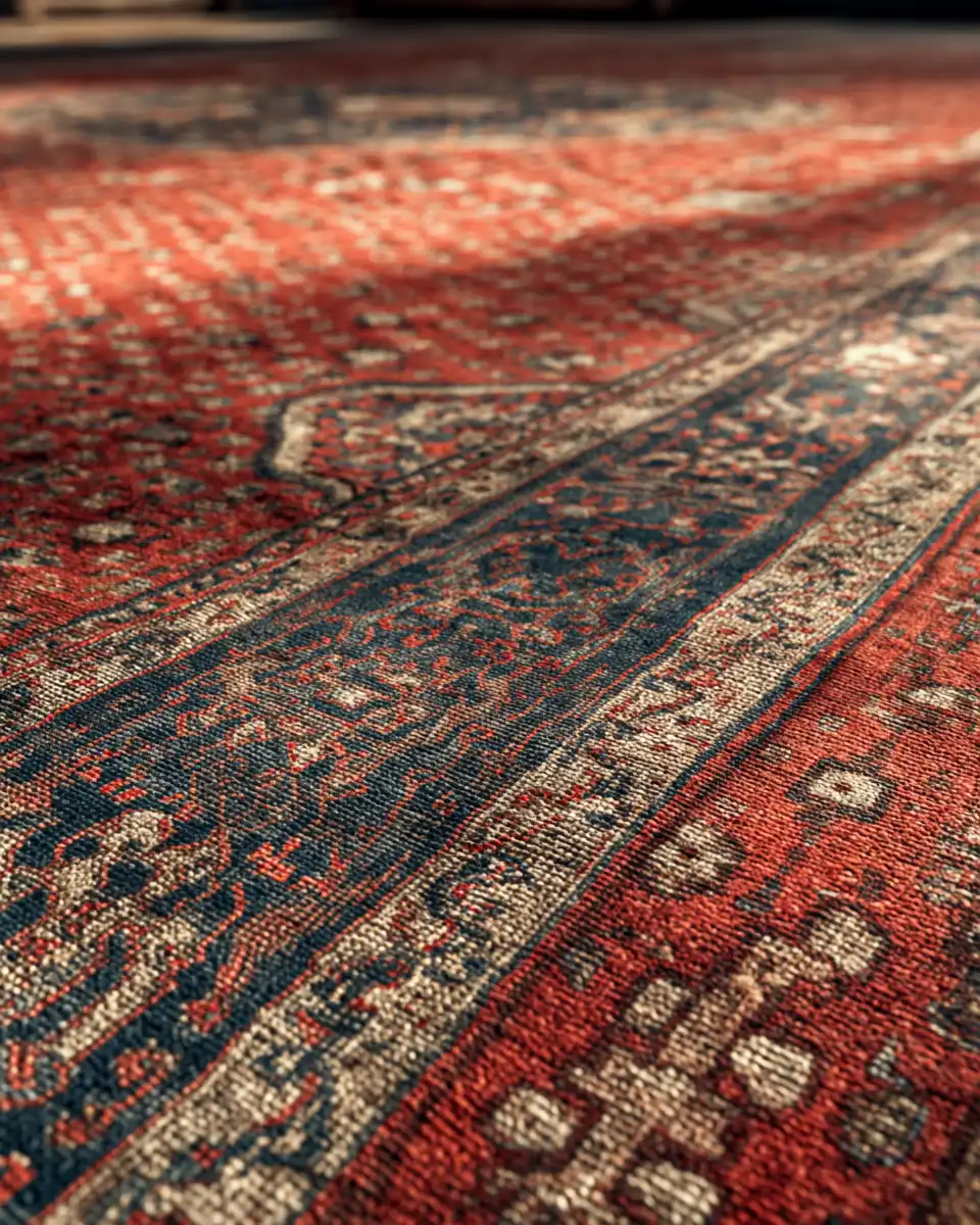 Détail tapis oriental iranien motifs traditionnels rouges et bleus