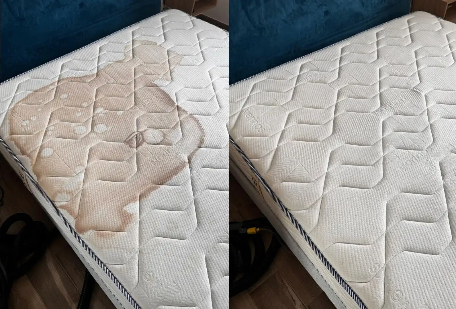 Avant/après nettoyage d’un matelas : tissu tâché de café sur une large partie puis nettoyé comme neuf
