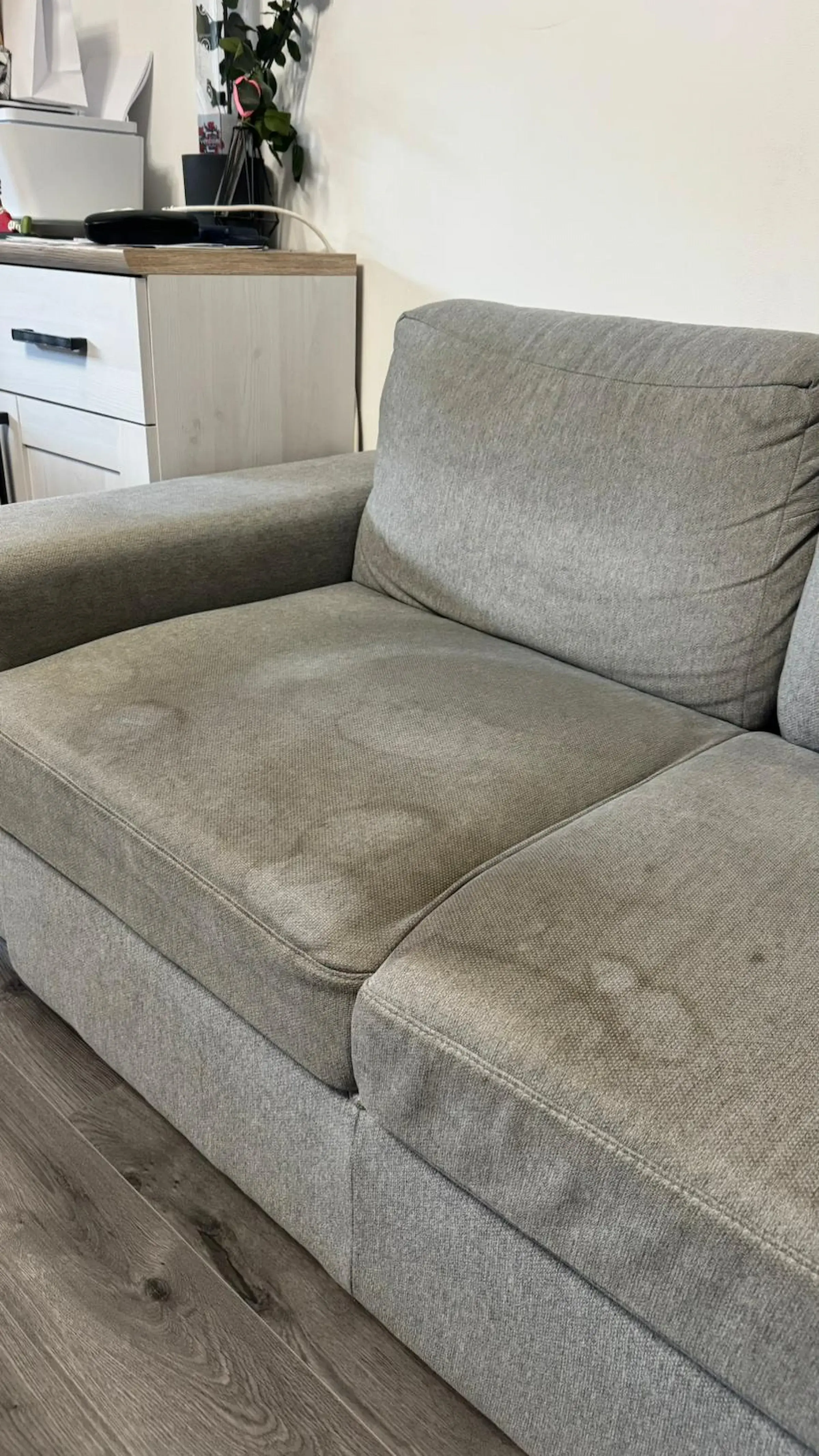 Canapé sale, auréolé avant le passage de My Shampouineuse