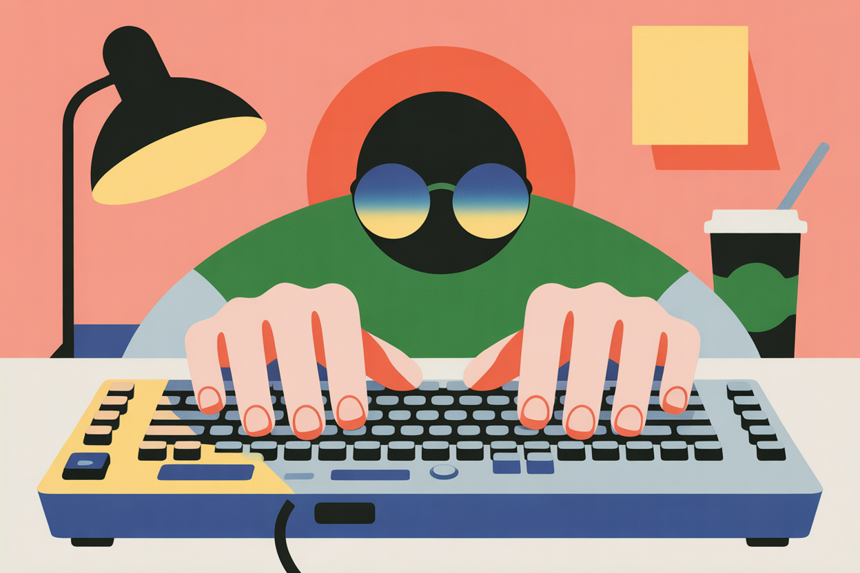 Close-up of developer's hands typing on keyboard in focused flow state, representing the allure of coding over marketing tasks