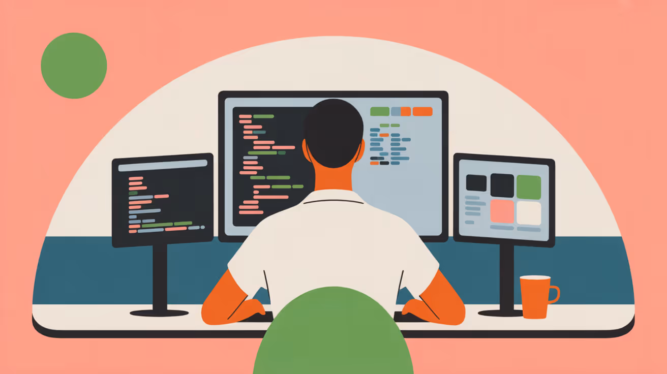 Solo entrepreneur working intensely at standing desk with multiple monitors in naturally lit modern office space