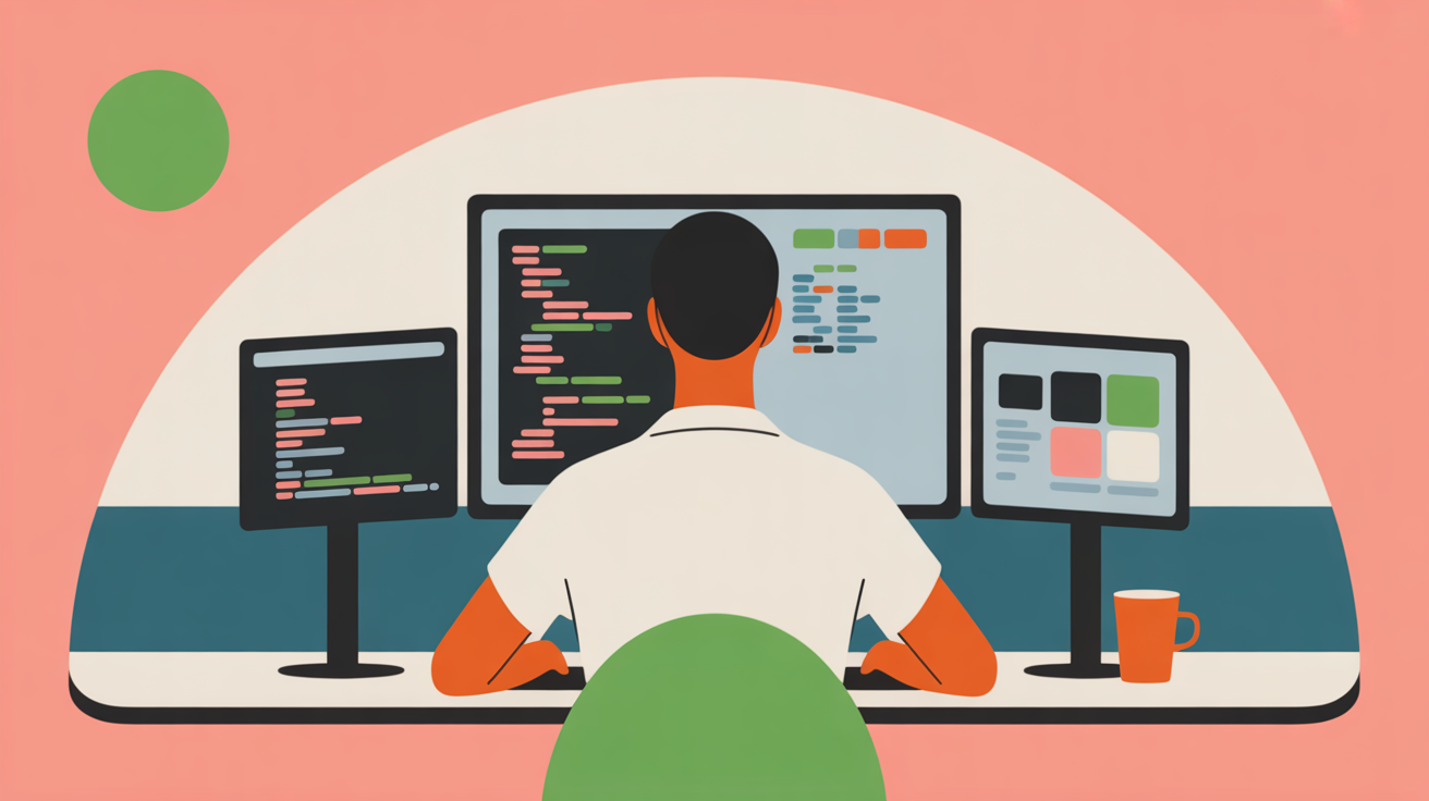 Solo entrepreneur working intensely at standing desk with multiple monitors in naturally lit modern office space