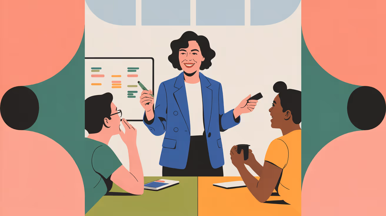 Female team leader confidently presenting ideas to engaged small team in bright collaborative workspace