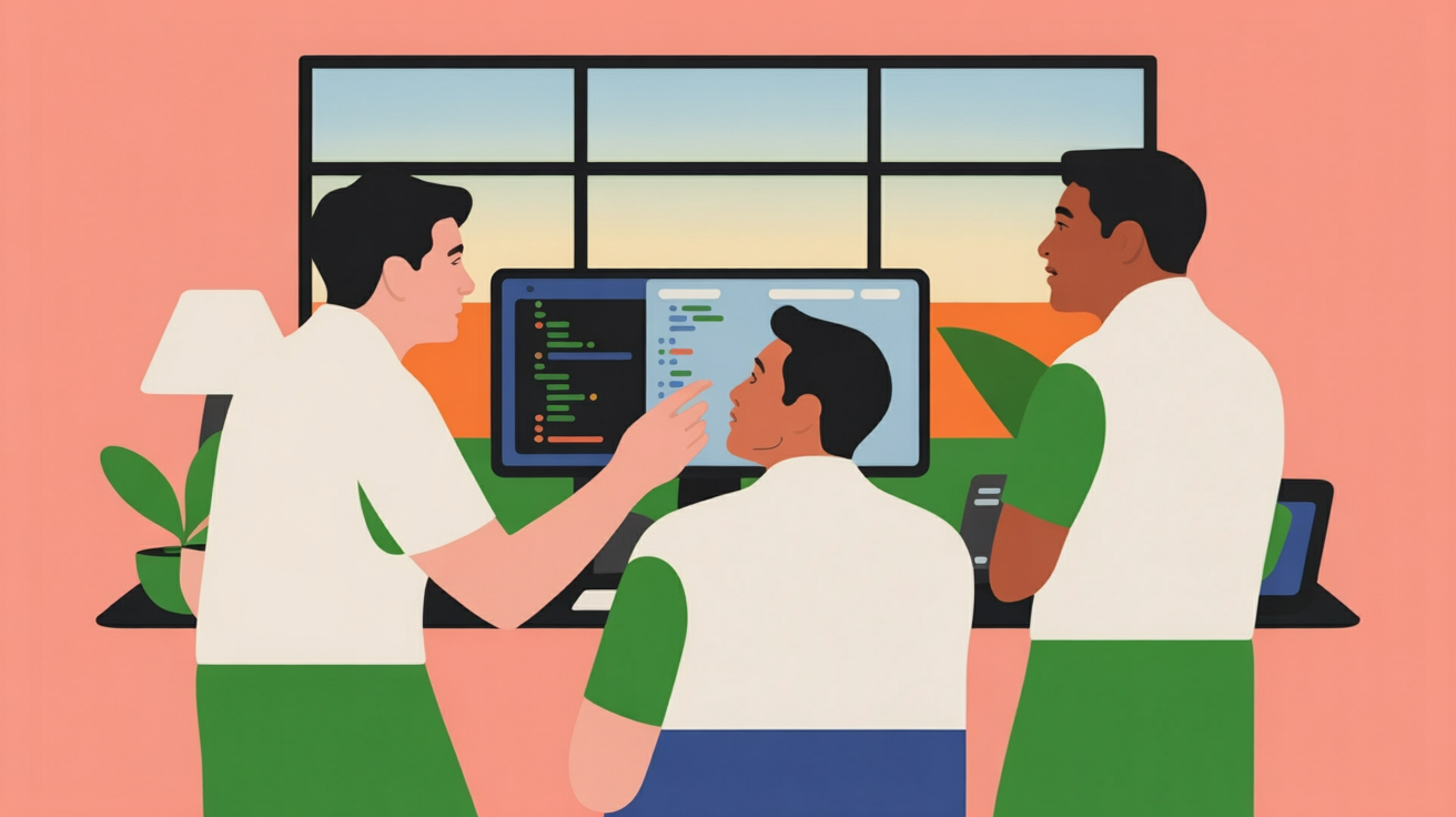 Team of three developers collaborating around monitors during code review discussion in bright modern office