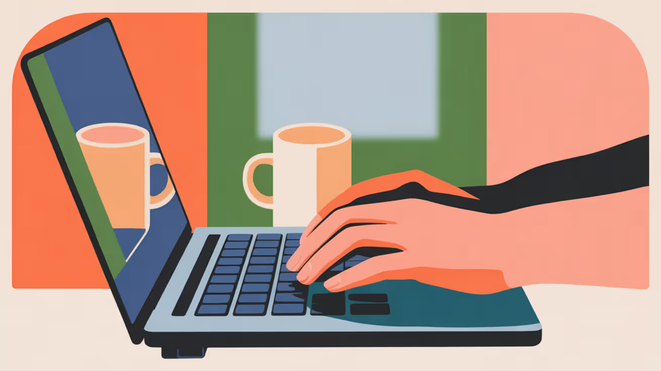 Close-up of hands typing on laptop keyboard with coffee cup nearby in natural morning light