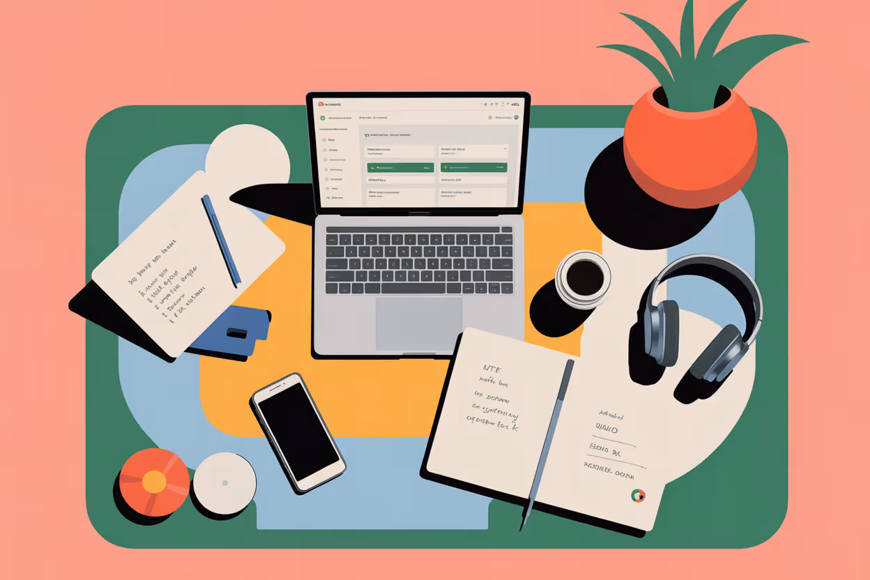 Overhead view of organized workspace with laptop, notes, and coffee showing professional creative environment
