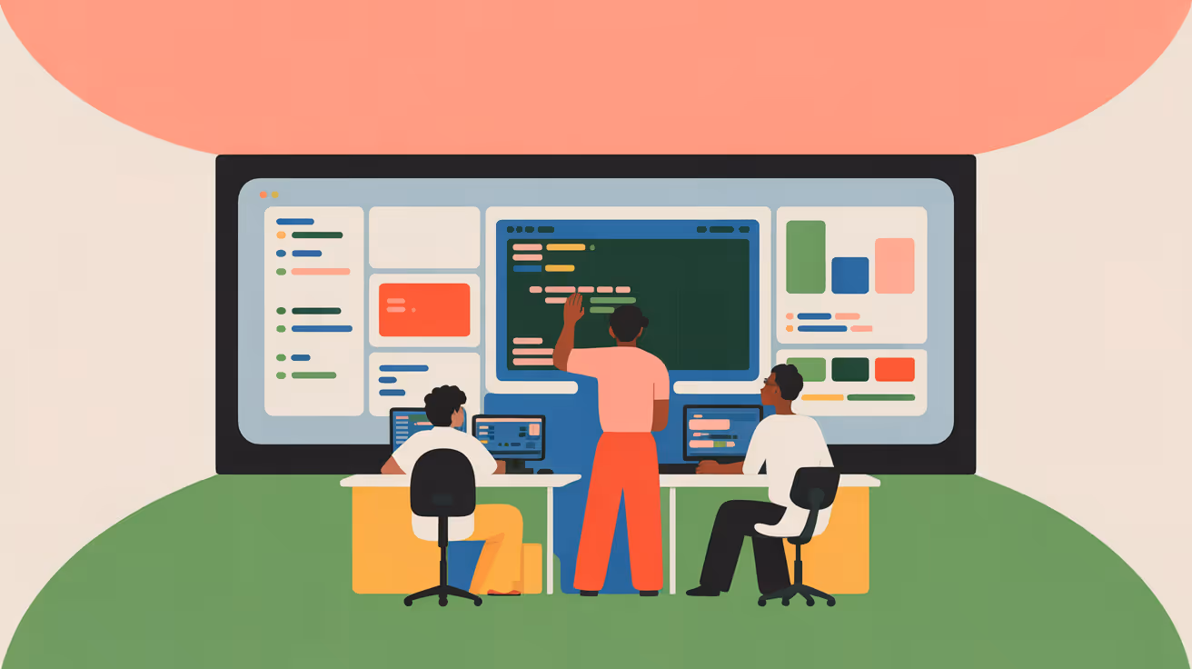 Software development team collaborating in modern office with natural lighting and multiple monitors